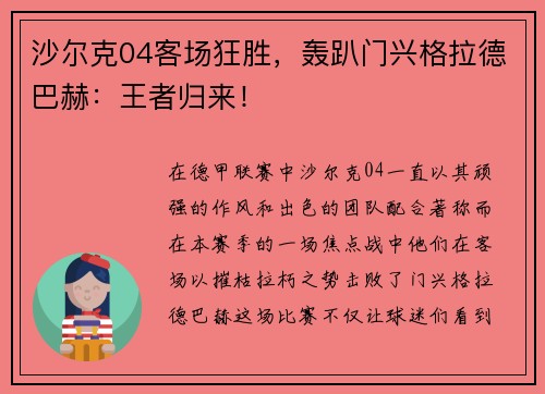 沙尔克04客场狂胜，轰趴门兴格拉德巴赫：王者归来！